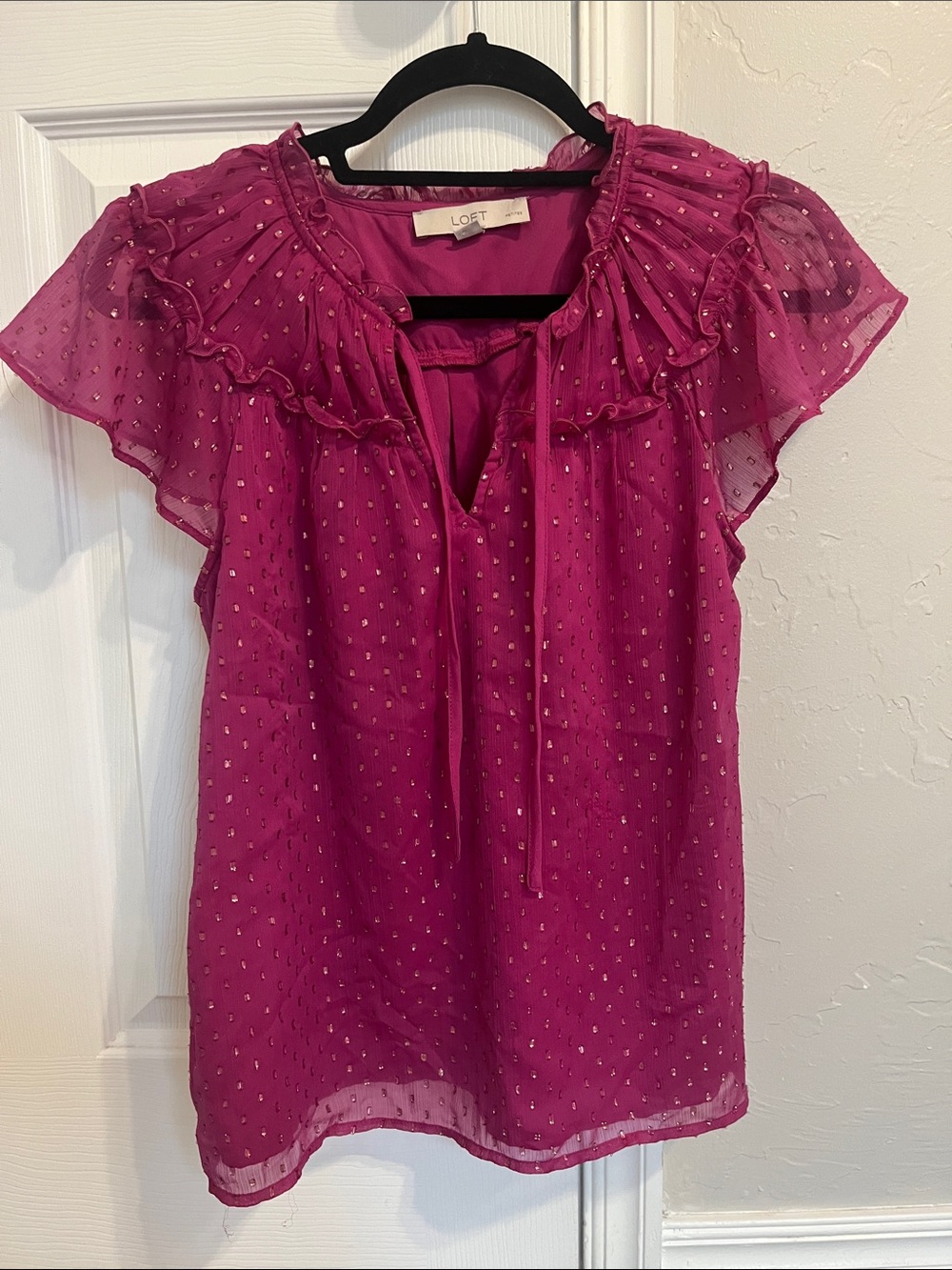 LOFT Fuchsia Ruffle Tie-Front Cap-Sleeve Blouse